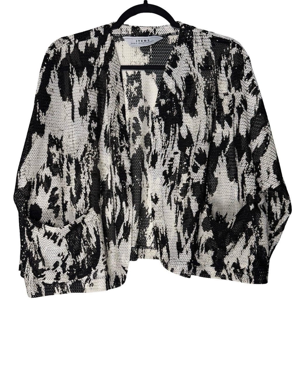 Itemz Chris Baumgartner Knit Cardigan Open Front Abstract Black tan OSFM